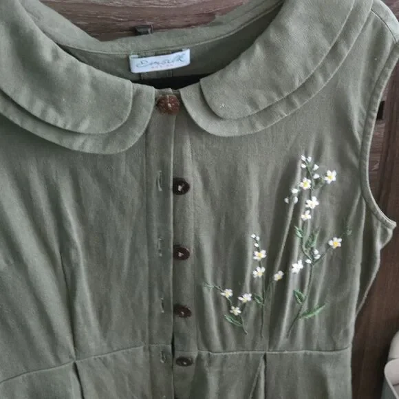 Emsilk Design Hand Embroidered Linen Dress: Olive Green Floral Tea Dress - Picture 5 of 8